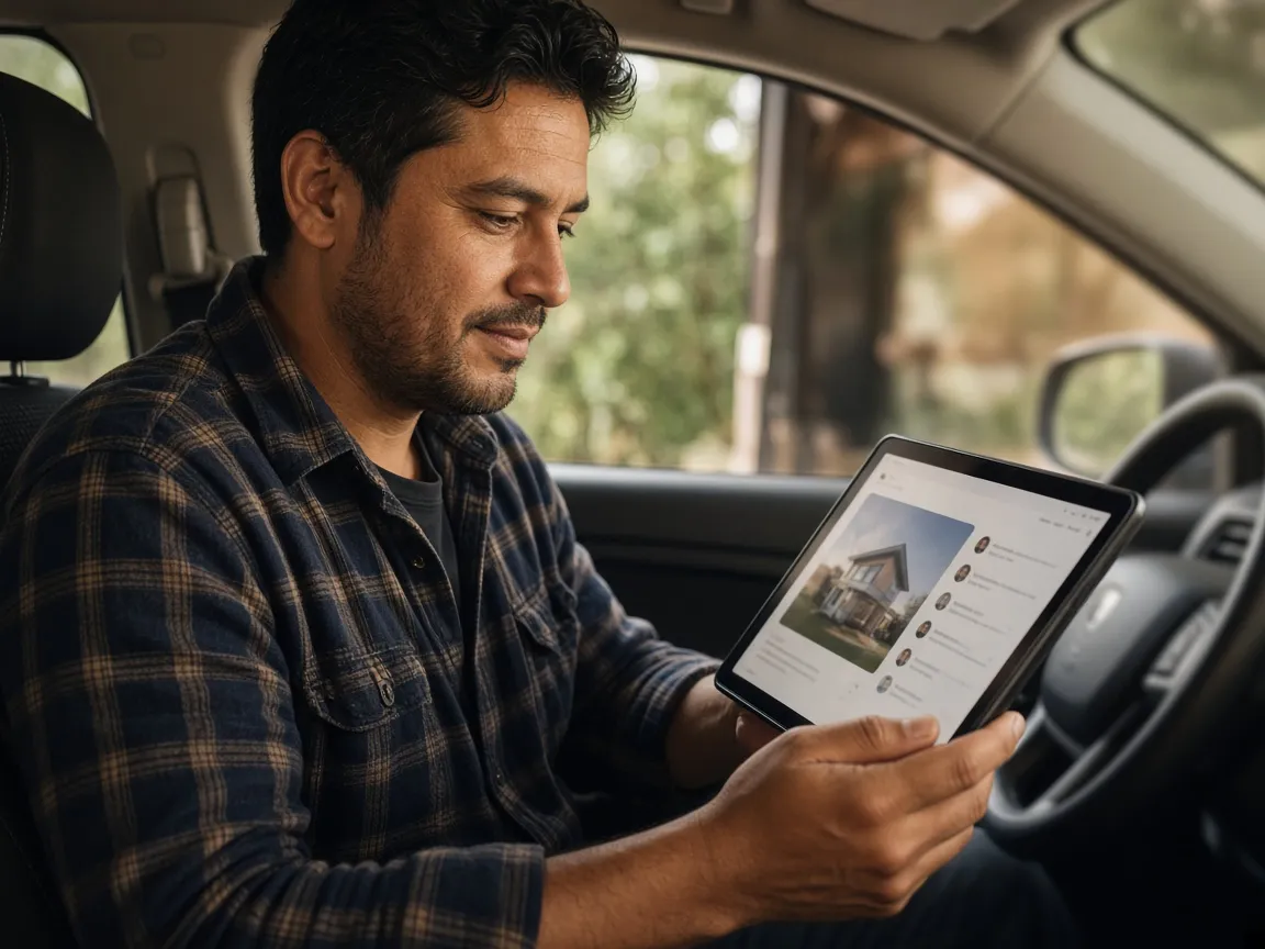 Contratista latino revisa desde su camioneta su sitio web y los mensajes de clientes en una tableta