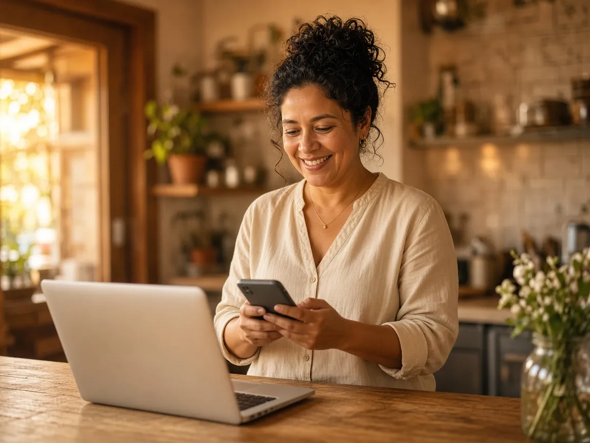 Dueña de un restaurante latino sonriendo mientras revisa pedidos en su teléfono junto a una laptop, en su local con luz de mañana